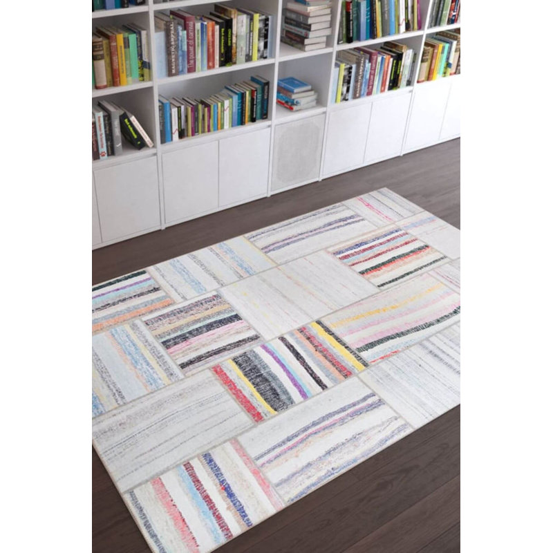 Beige Colourful Patchwork Woven Base Decorative Carpet, Rectangle 3'10" x 5'3"
