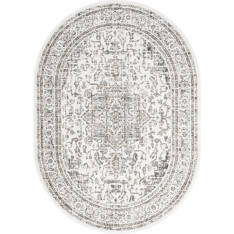 Ethelinde Power Loom Performance Oriental Medallion Cream Rug, Oval 6'7" x 9'