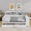 Lit de jour double avec tablettes de rangement, lit multifonctionnel avec deux tiroirs de rangement et bureau d'étude-266691528
