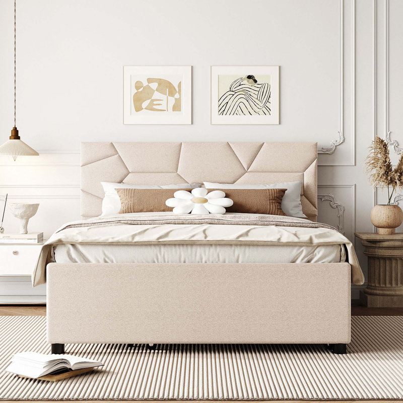 Lit plateforme tapissier avec lit gigogne, Beige, Full