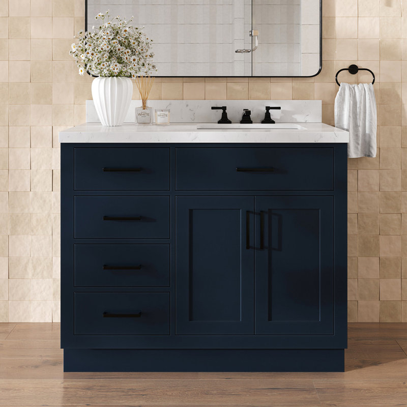 Meuble-lavabo simple en bois massif 42 po Tidworth avec plateau en quartz Carrara de 1,5 po, Bleu minuit, Forme rectangulaire