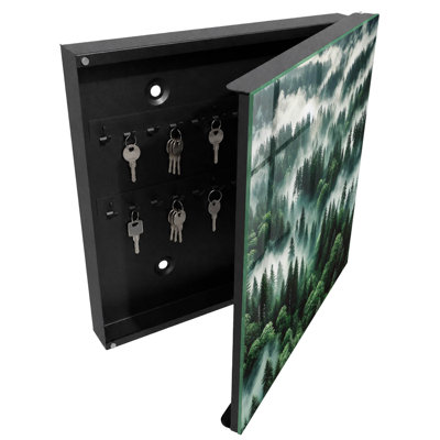 Key storage box, Opens to the right, 30x30x5, Black, Green forest in the fog the charm of silence, 