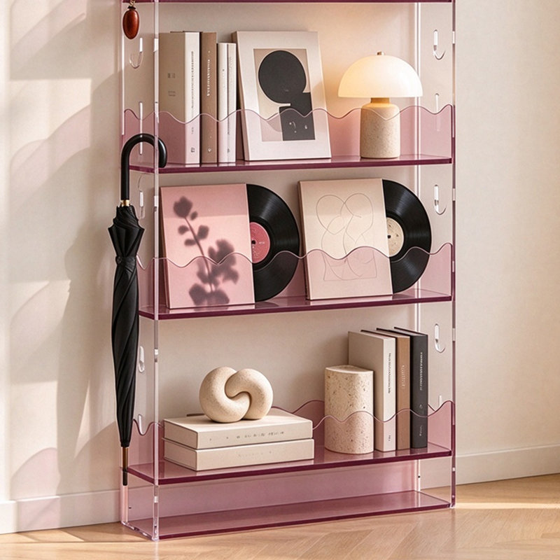 Bibliothèque ouverte en acrylique avec crochets latéraux, Pink