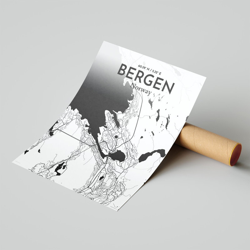 Bergen City Map, impression, Noir et blanc, H 20 po x l 16 po