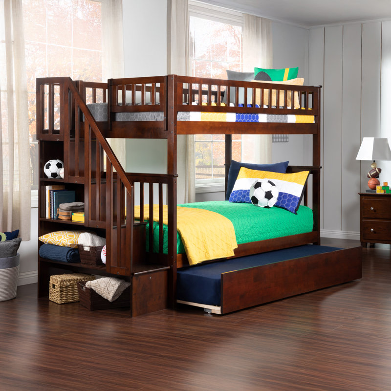 Ilariana Wood Bunk Bed with Staircase and Trundle, Walnut, Twin Over Twin