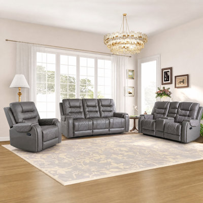 3-Piece Manual Recliner Set With Center Console, 90°-160°Recline, Stainless Steel Cup Holders And Hidden Storage For Living Room