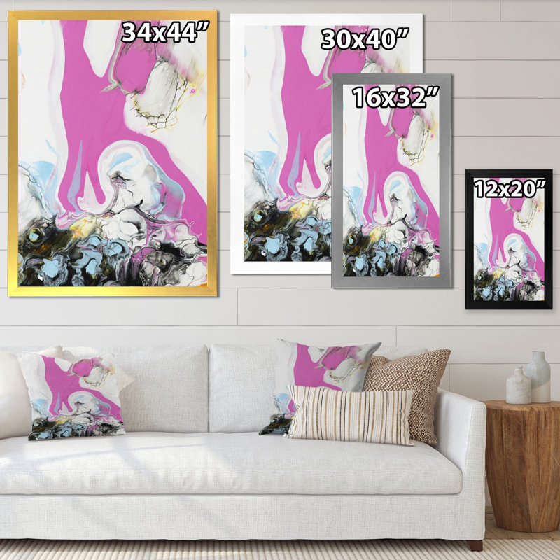 Rose, bleu et jaune, art liquide III - peinture sur toile, H 20 po x l 12 po x P 1 po, Cadre doré à coins fermés