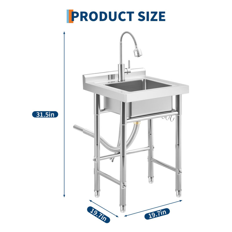Évier utilitaire en acier inoxydable, bol simple autoportant avec robinet d'eau chaude et froide, dosseret, crochets en S et pieds réglables