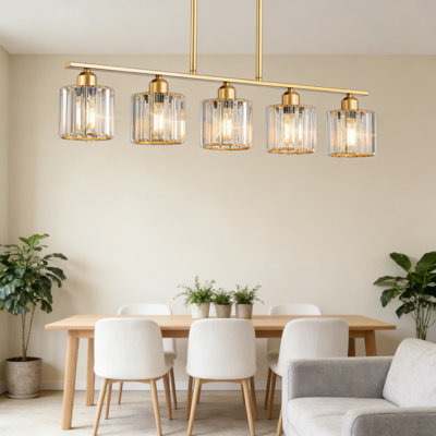 5-Light Linear Chandelier With K9 Crystal Shades, Brushed Gold Finish, Adjustable Height For Kitchen Island And Dining Room