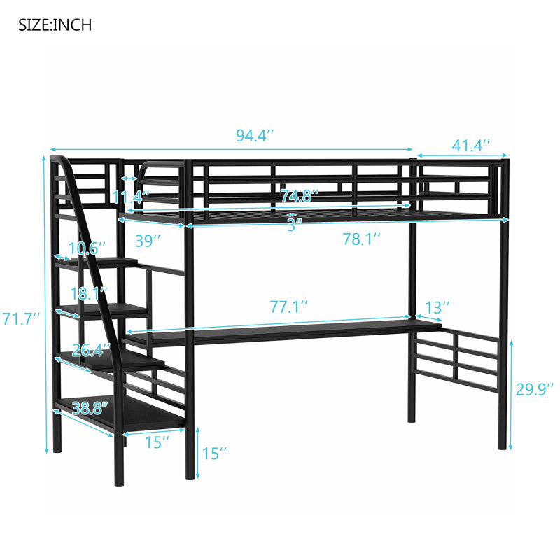 Structure de lit mezzanine en métal avec bureau, noir, taille simple, H 71,70 po x l 41,40 po x L 94,40 po