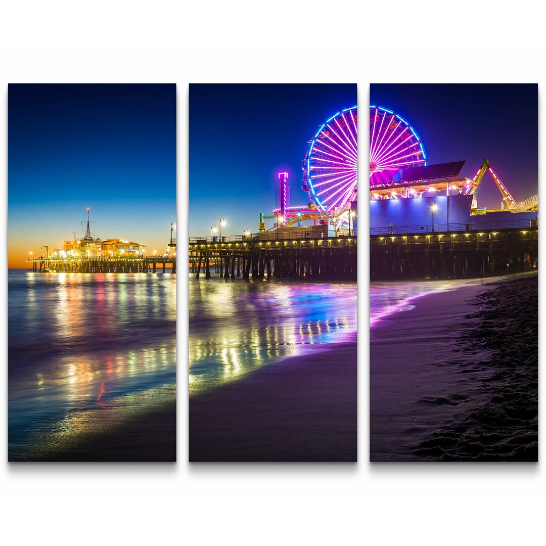 3-tlg. Leinwandbilder-Set Santa Monica Pier bei Nacht