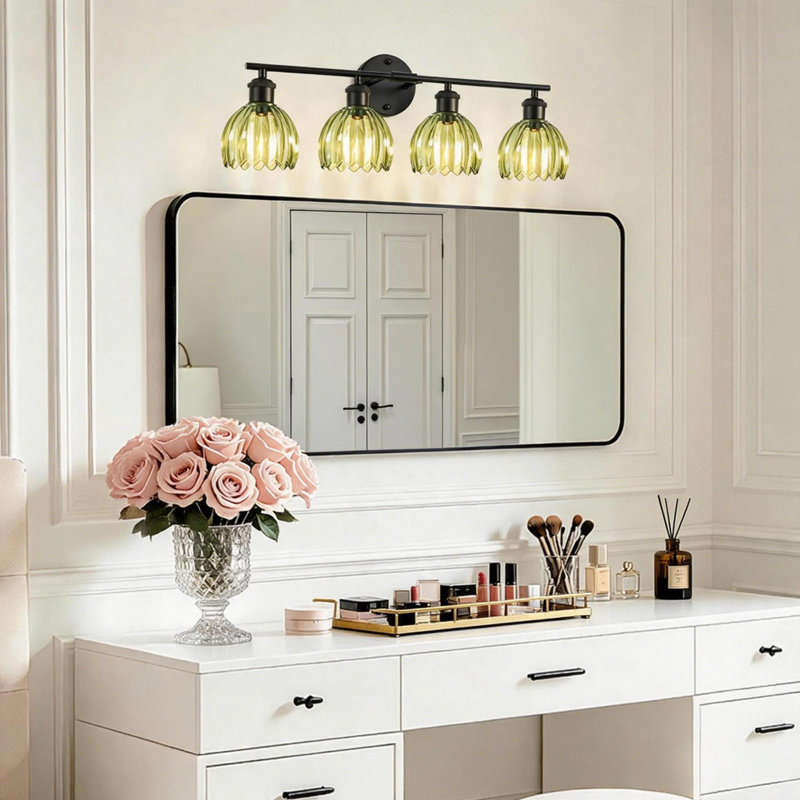 Luminaires de salle de bain modernes 26,3 pouces à 4 lumières en noir mat avec abat-jour en verre tulipe vert, Vert, Noir mat