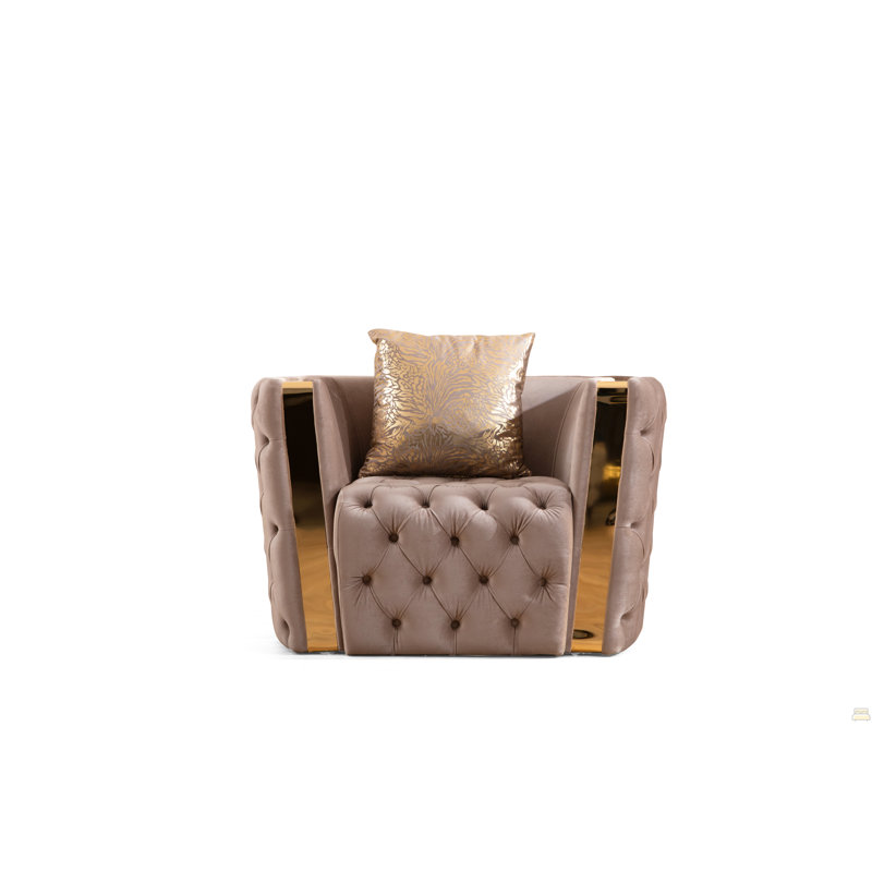 Chaise capitonnée à boutons avec tissu velours et accents dorés