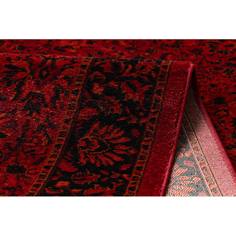 Luca 5125 – Elegant rug with fringes in burgundy & black – Classic Lucaal rug with ornamental & frame pattern