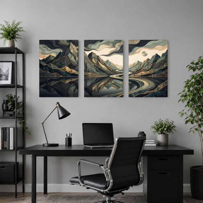 «Teal and Gold Mountain Landscape with Moon Reflection», ensemble de 3 toiles, H 24 po x l 16 po x 3 pièces