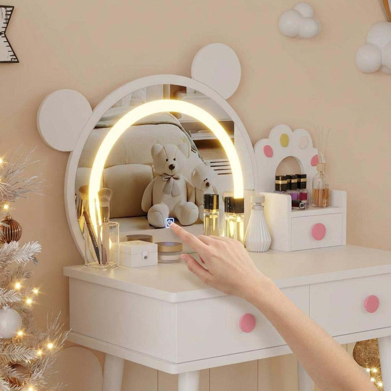 Bear-Shaped Kids Vanity Table & Chair Set, Lighted Mirror, Wooden Princess Makeup Desk, White, White