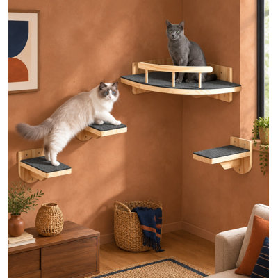 Étagère murale de coin en bois pour chat avec 3 plates-formes et tapis antidérapant ; système d'escalade mural robuste et stable pour chats jusqu'à 12 kg, facile à assembler