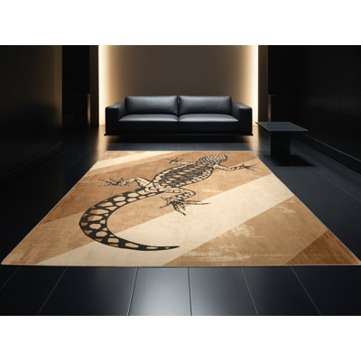 Tapis lavable à la machine de style rustique et moderne au look rustique osck lézard brun - reliure beige