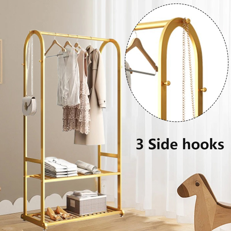Portant simple pour vêtements avec étagères de rangement, Gold