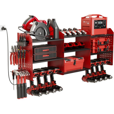 Power Tool Organizer with Charging Station Wall Mount, 3 Layer Expanded Heavy Duty Garage Organization, 45.5 Inch Length Garage Tool Storage, 8 Drills, 2 Assemble Method[Red]