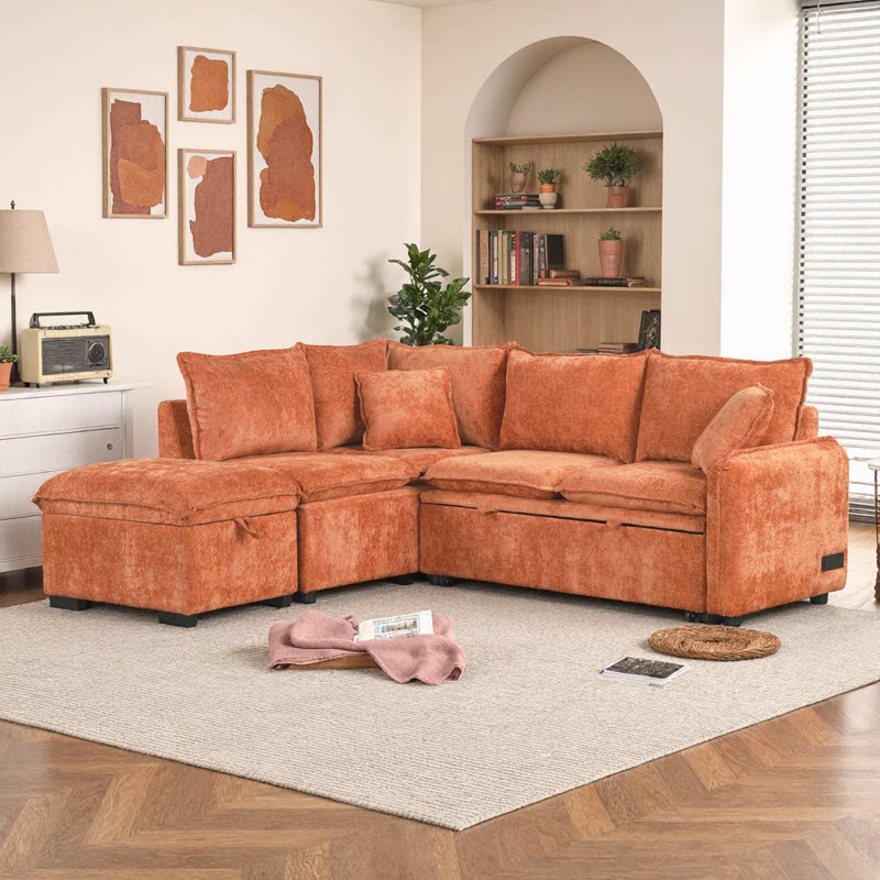 82.67 Inch Green Chenille Convertible Sofa Bed, L-Shaped Sectional Sleeper with Storage Ottoman, 2 Pillows, Power Sockets, USB Ports