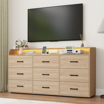 63" Modern 9-Drawer Oak Dresser With Led Light & Power Outlet – Wide Storage Chest With Metal Handles For Bedroom, Living Room, Or Entryway Organization
