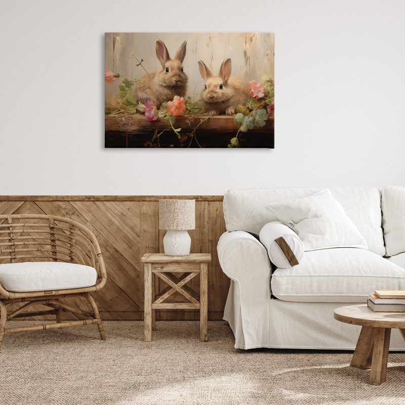 Art mural sur toile, "Lapins de Pâques avec fleurs de jardin", design par Arlington Prints, H 24 po x l 36 po