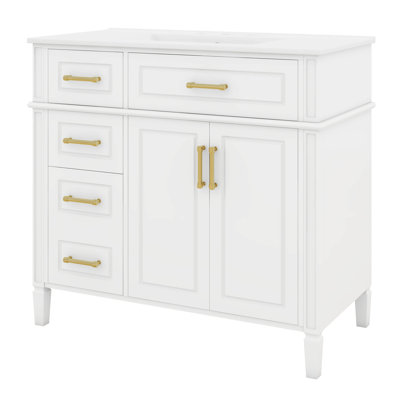 36" Bathroom Vanity With Sink, Tip-Out Drawer, 2 Doors, Solid Wood & MDF Sink Cabinet With 4 Drawers & Adjustable Shelf