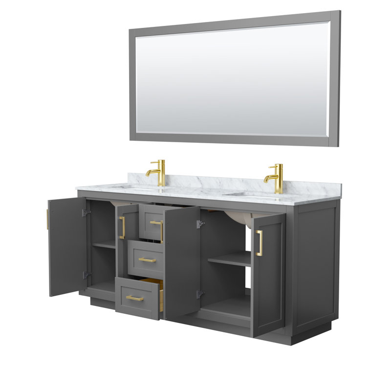 Miranda 72" Freestanding Double Bathroom Vanity with Marble Top with 70" Mirror, Dark Gray, Brushed Gold