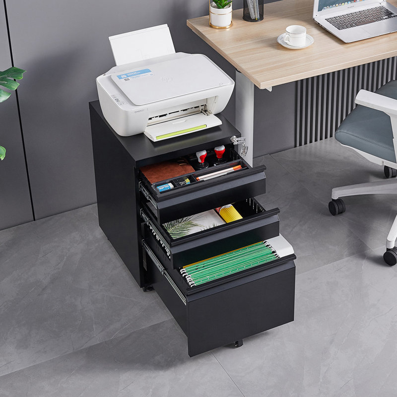 Stylish 3-Drawer Mobile Filing Cabinet With Lock, Black