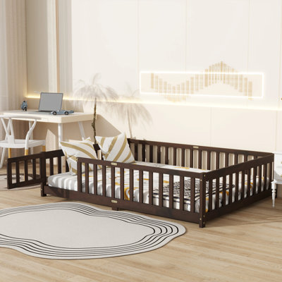 Full Size Floor Bed With Fence And Door,Rubber Wood Floor Bed With Safety Guardrails,Espresso