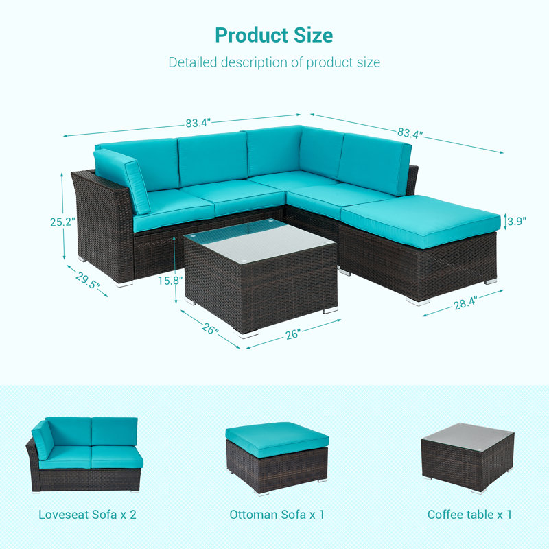 5 - Person Modular Patio Conversation Set with Cushions, Lake Blue