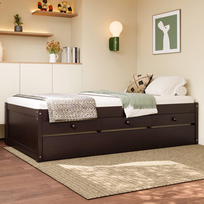 Solid Wood Platform Bed with Trundle, Storage Drawers and Built-In Power Strip