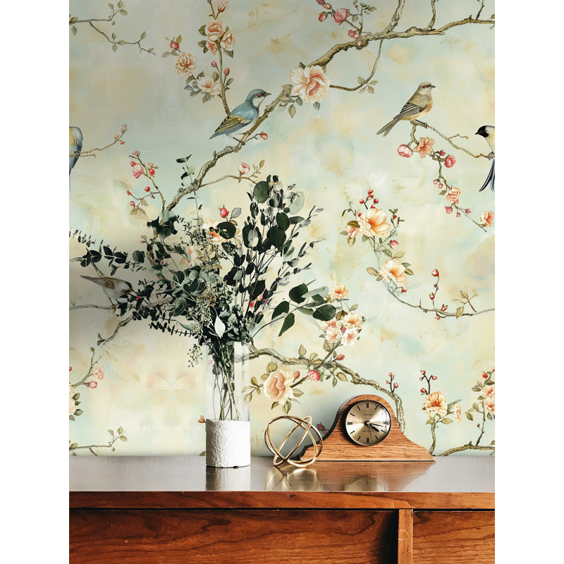 Elegant Bird and Floral Wallpaper Bryelle Peel & Stick Vintage Flowers Roll