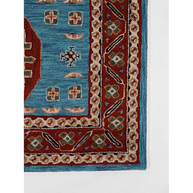 Tapis en laine écologique tufté à la main - 120 x 180 cm, rectangulaire, bleu clair et rouge, motif oriental, épais et à poils longs, antidérapant, idéal pour le salon et la chambre.