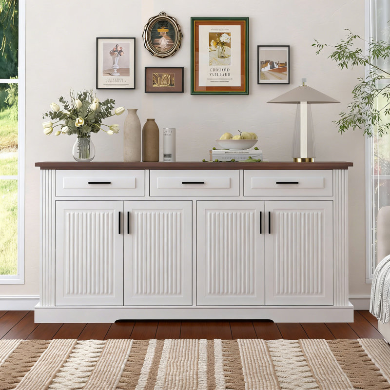 63" Fluted Sideboard Buffet Cabinet With Storage, Modern Coffee Bar Station With 4 Doors And 3 Drawers, Kitchen Storage Console Table For Living Room Dining Room Entryway