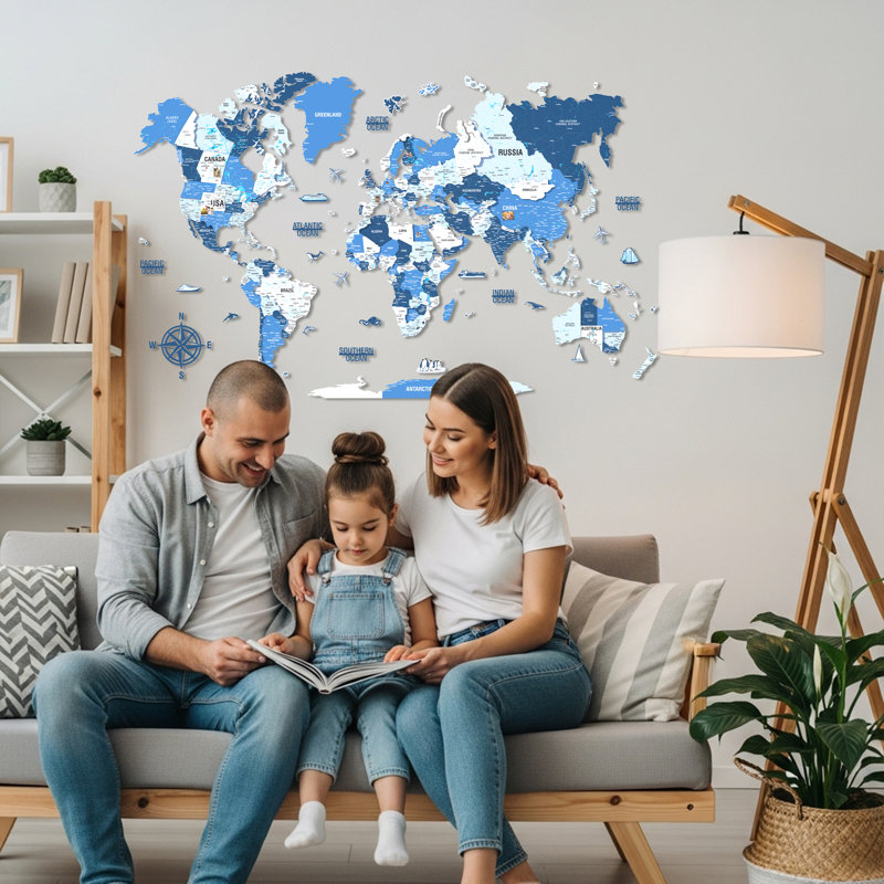 3D Wooden World Map – Multicolor UV Printed Wall Art, Modern Home & Office Decor, Navy, 73.8" H x 118.1" W x 0.4" D