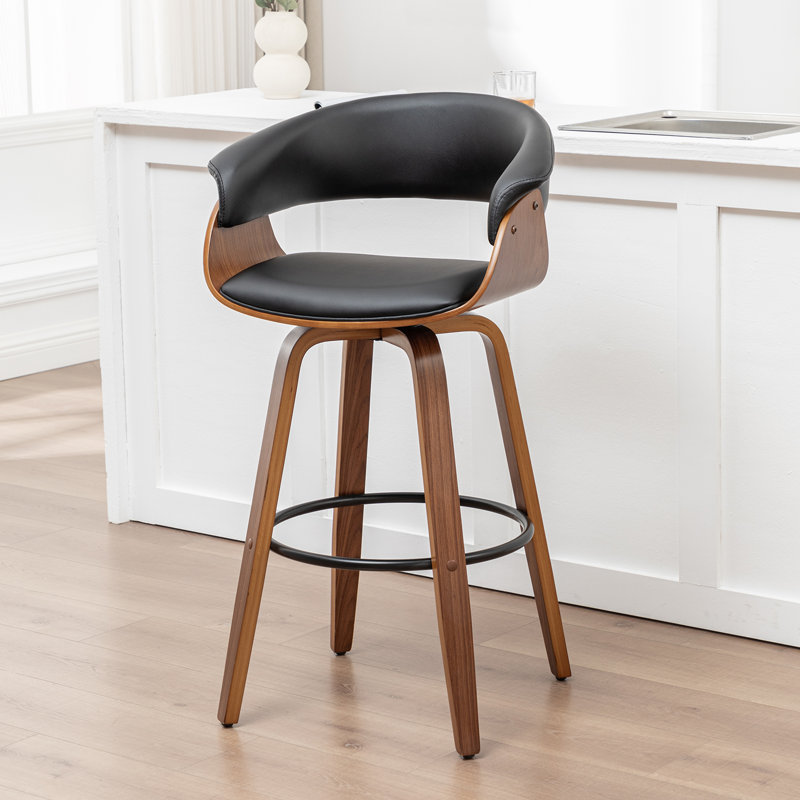 Devlin Upholstered Swivel Mid-Century Stool, Black, Bar Stool (29.5" Seat Height)