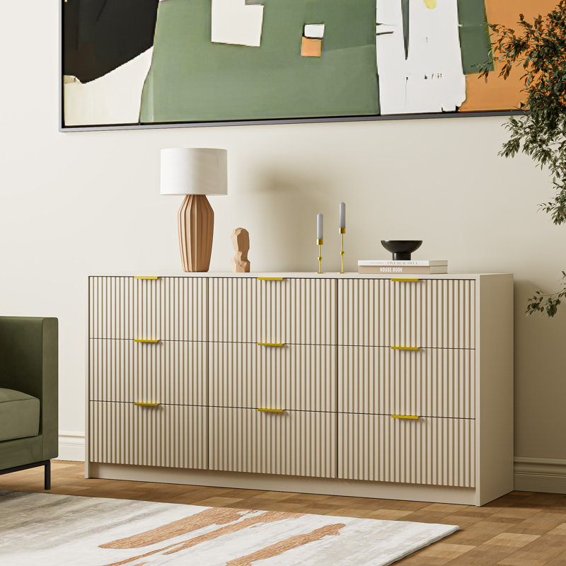 Commode 9 tiroirs Aphan, l 63 po, Beige