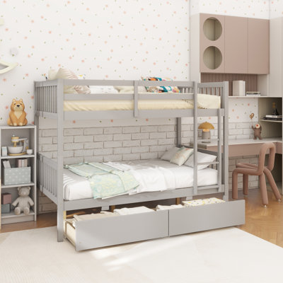 Lit superposé simple en bois d'hévéa simple avec 2 tiroirs, convertible en 2 lits doubles, lit superposé double avec échelle et garde-corps de sécurité, gris