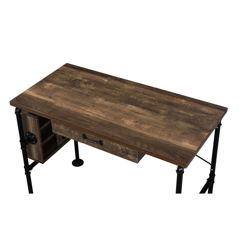 Bureau d'écriture avec design en chêne vieilli et noir, 1 étagère de rangement rectangulaire de couleur noire, unité à 3 niveaux