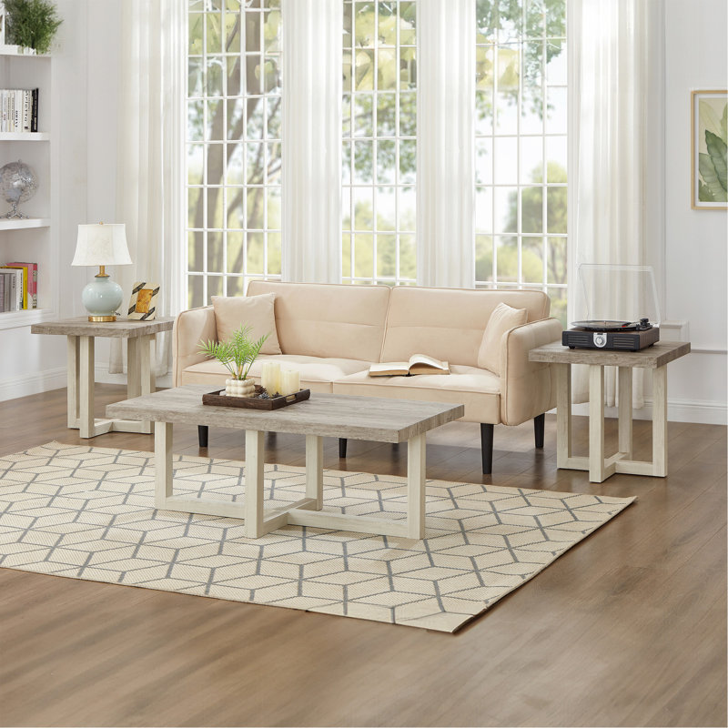 Ensemble de 3 tables basses, tables basses et 2 tables de bout Luno, gris vieilli et beige