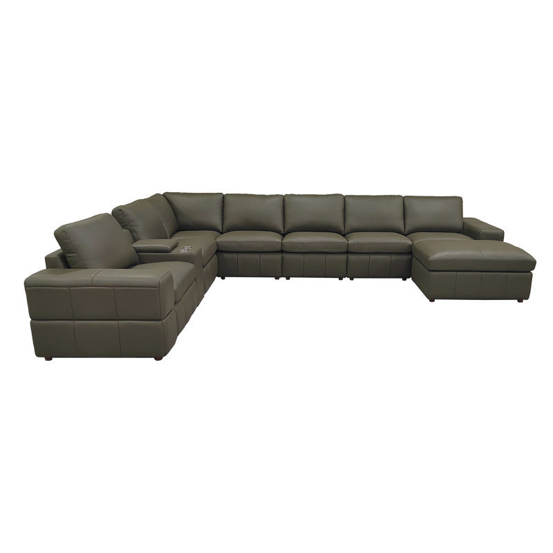 Setemhotep Leather Match Large Seating Modular Sectional, 33" H x 159" W x 115.5" D, Olive Green Leather Match
