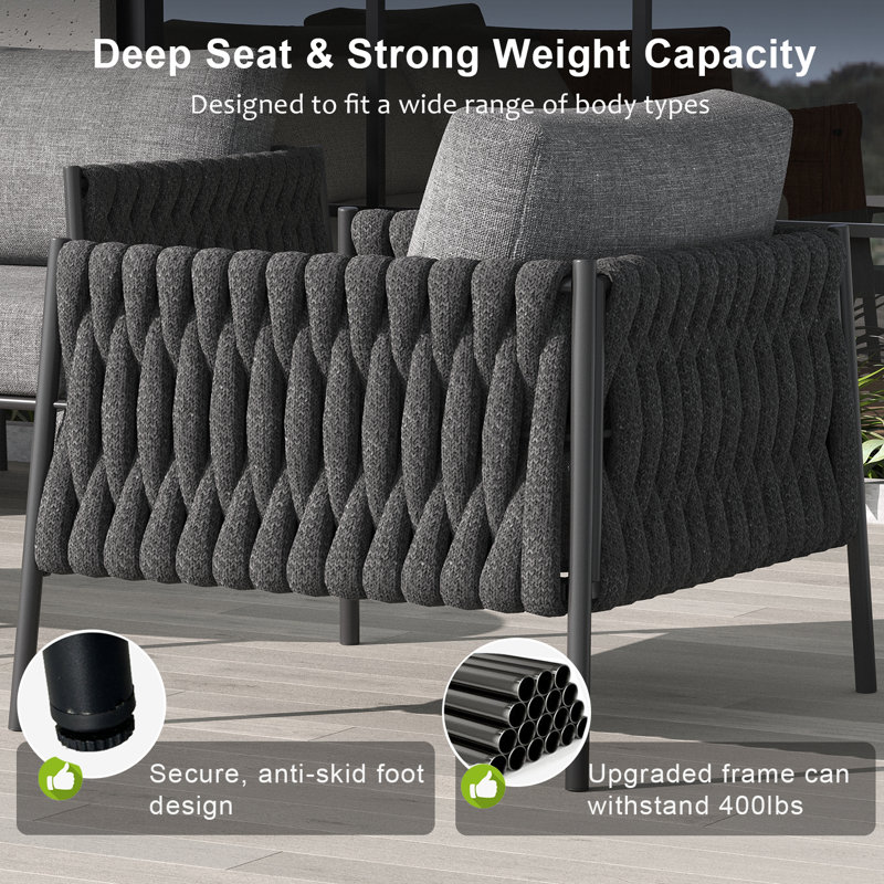 5 Piece Outdoor Furniture Set with Coffee Table, Modern Rope Woven Patio Conversation Sofa Set with Olefin Braid and Deep Seating