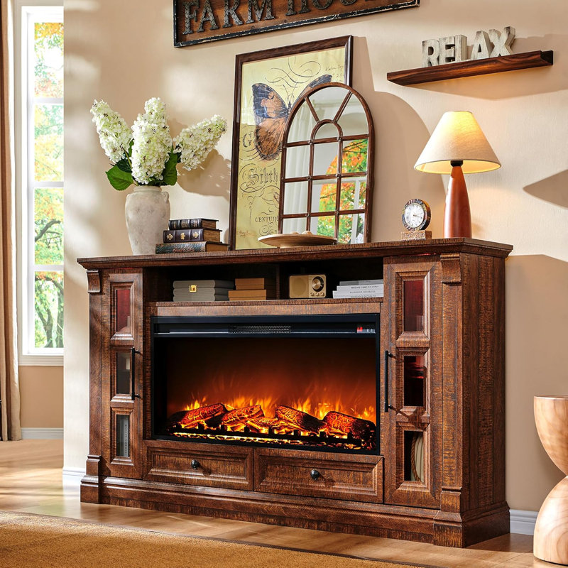 Farmhouse Tv Stand With Electric Fireplace, Brown