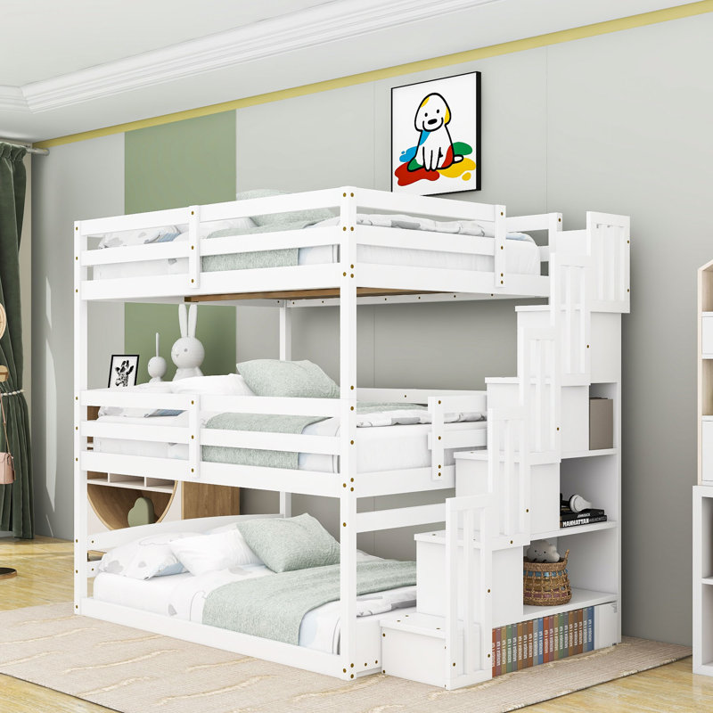 Full over Full over Full Triple Bunk Bed with Storage Staircase, White
