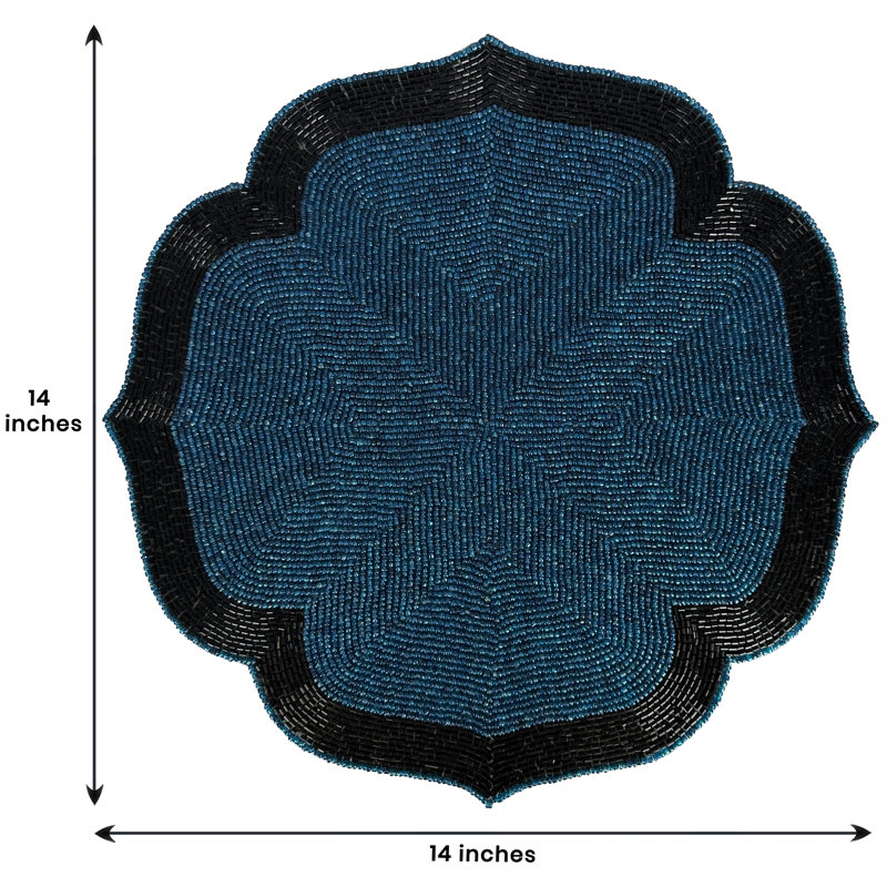 Decozen Beaded Placemats Set of 6 Round 14-Inch Dining Table Mats for Kitchen & Christmas Decor, Teal/Black
