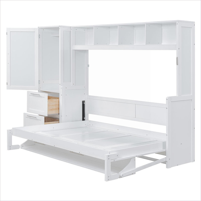Small Space Guest Room Folding Murphy Wall Bed, Classic White Queen Size with Built-In Closet and Drawers