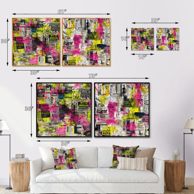 CZETLI - Ensemble de 2 collages carrés abstraits, Cadre flottant noir, H 16 po x l 33 po