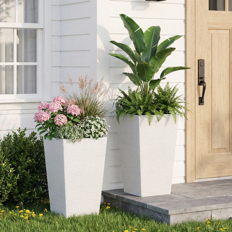 Pot à fleurs effilé de 27,2 po de hauteur avec texture tissée, Blanc